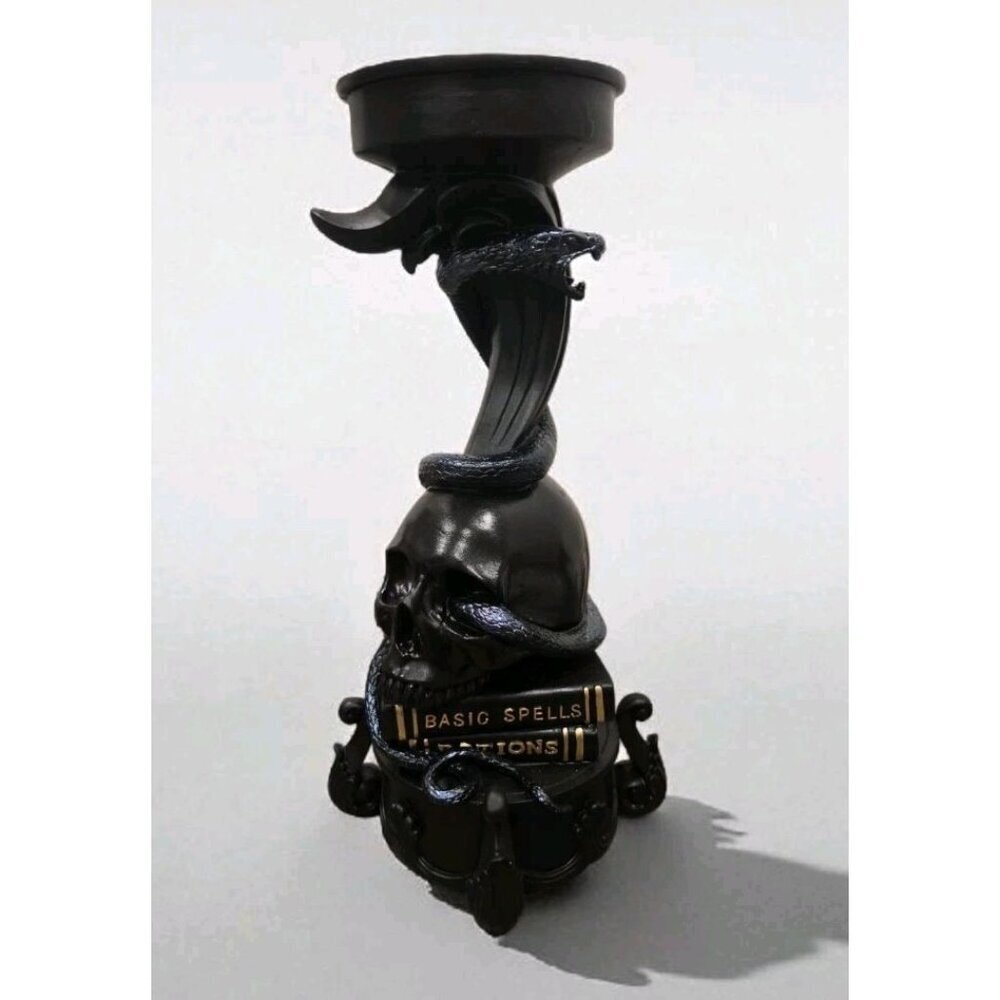 New Spooky Halloween Large Black Skull Spells Snake Candle Stand Holder Decor